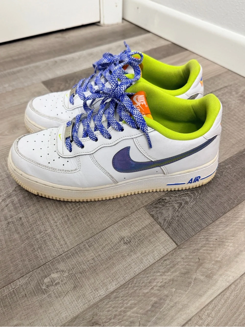 Nike Air Force 1 LV8 GS White with Iridescent Swoosh & Neon Green Lining